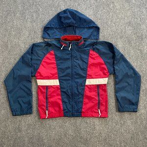 VINTAGE Woolrich Windbreaker Jacket Adult Small Red White Blue Hooded 90s VTG